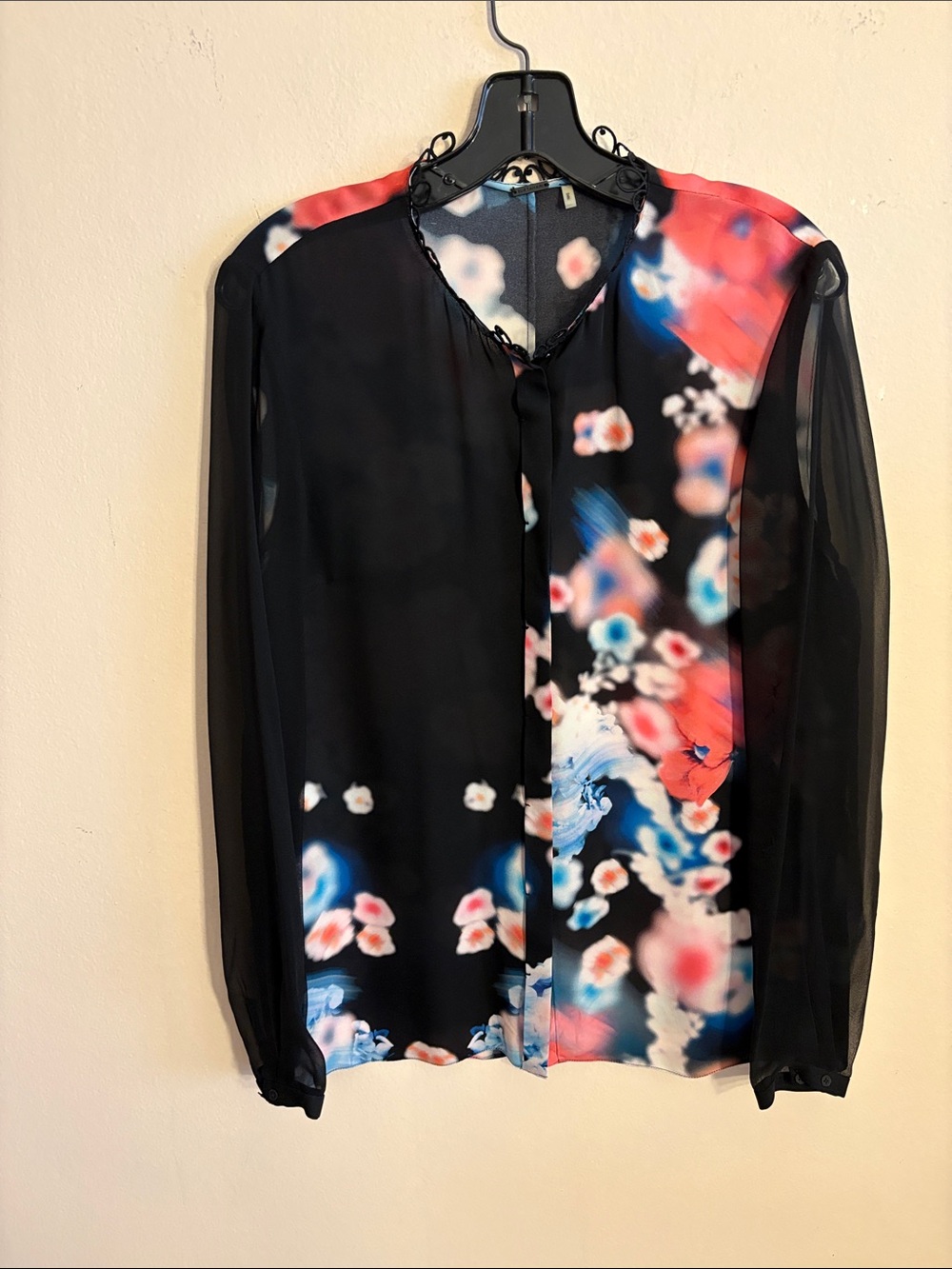 Elie Tahari Black Sheer Blouse with Coral & Blue Floral Print